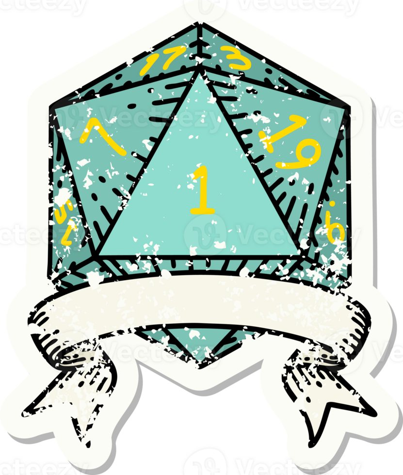 grunge sticker of a natural one d20 dice roll png
