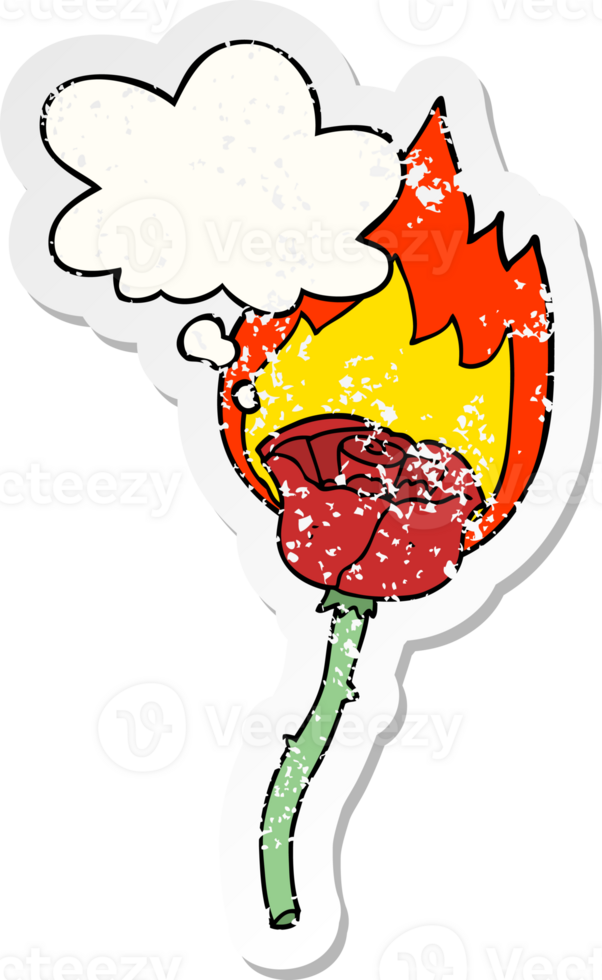 cartoon flaming rose with thought bubble as a distressed worn sticker png