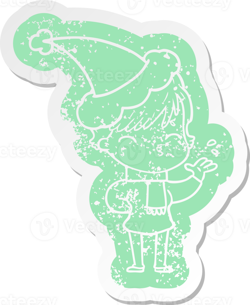 quirky cartoon distressed sticker of a woman thinking wearing santa hat png