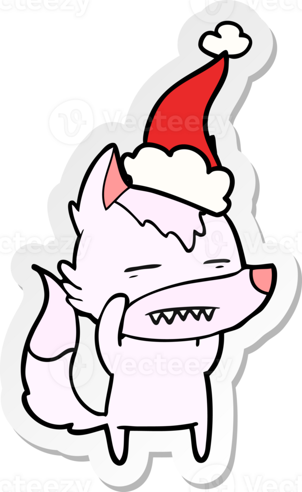 hand drawn sticker cartoon of a wolf showing teeth wearing santa hat png
