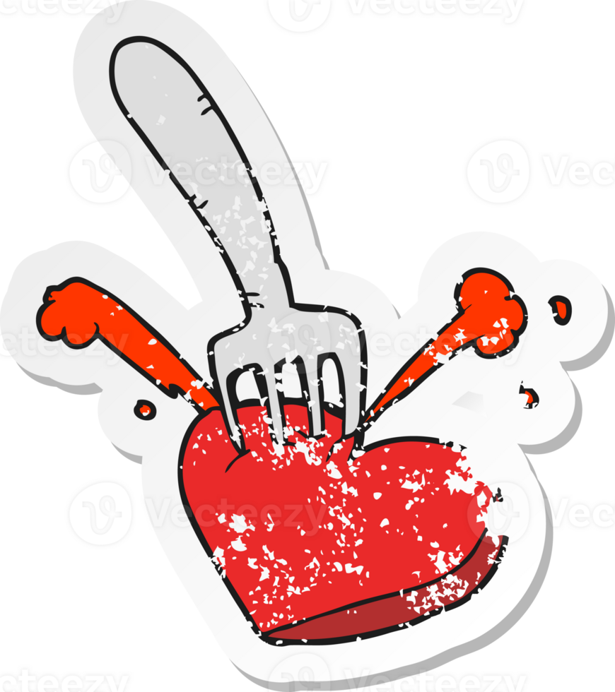 retro distressed sticker of a cartoon heart stabbed by fork png