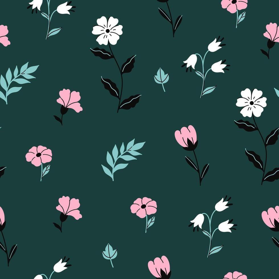 Seamless pattern with meadow flowers on a dark green background. graphics. vector