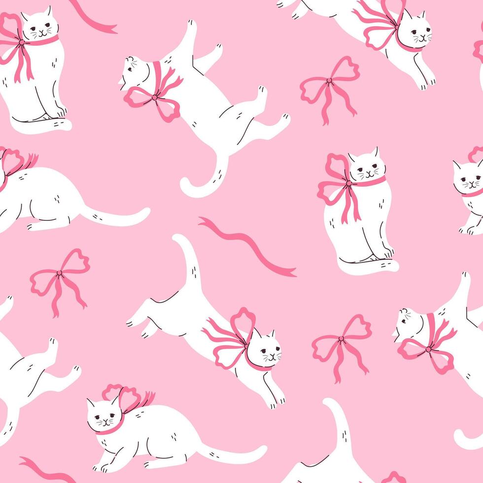 sin costura modelo con linda blanco gatos con rosado arcos gráficos. vector