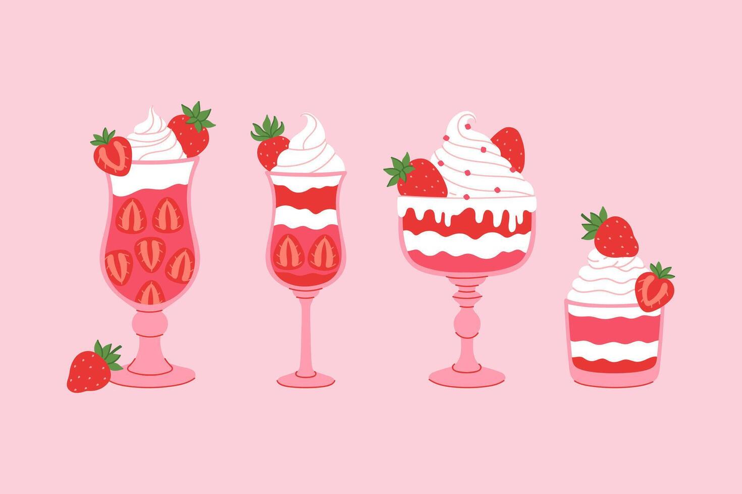 A set of strawberry parfaits in various glasses. graphics. vector