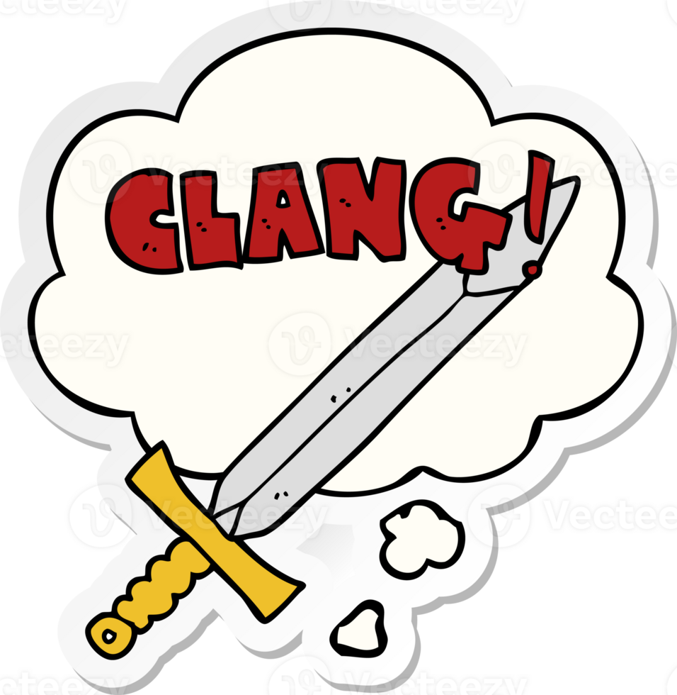 cartoon clanging sword with thought bubble as a printed sticker png
