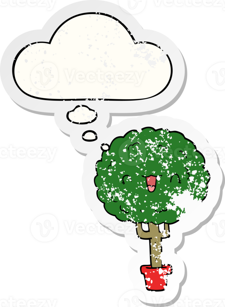 cartoon happy tree with thought bubble as a distressed worn sticker png