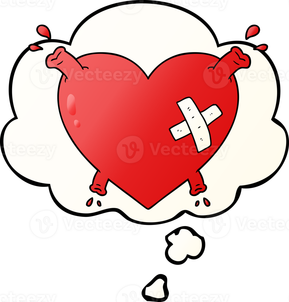 cartoon heart squirting blood with thought bubble in smooth gradient style png