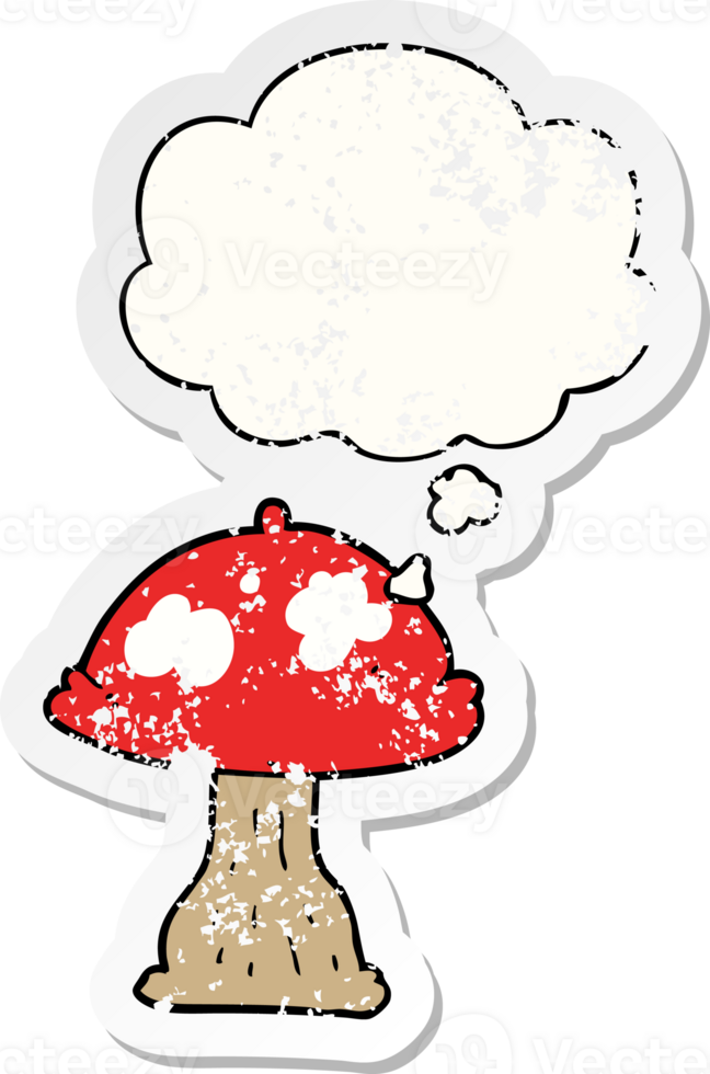 cartoon mushroom with thought bubble as a distressed worn sticker png