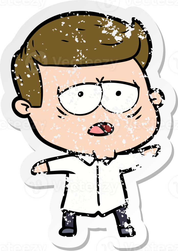 distressed sticker of a cartoon tired man png