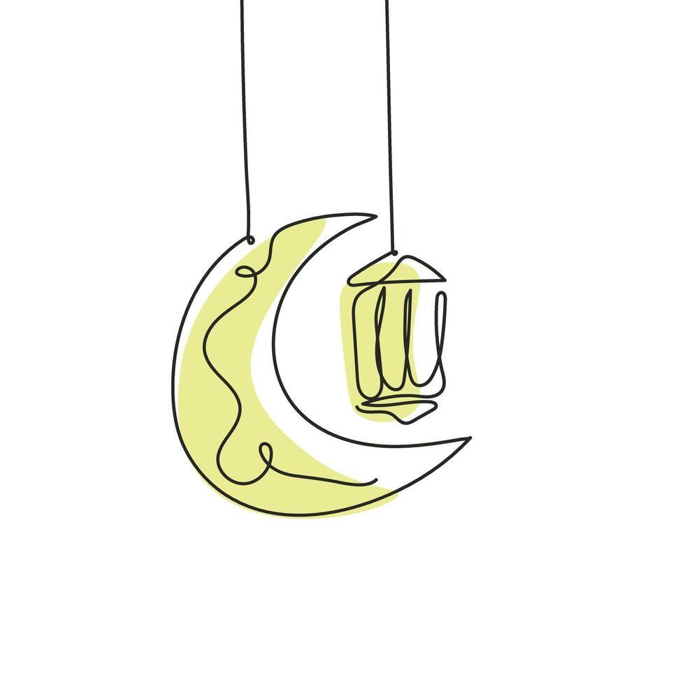 Luna y linterna decoración uno línea dibujo ilustración minimalista vector