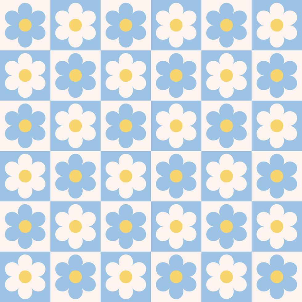 Y2K background, retro abstract flowers on chessboard. Aesthetics of the 90s, style of the 2000s vector