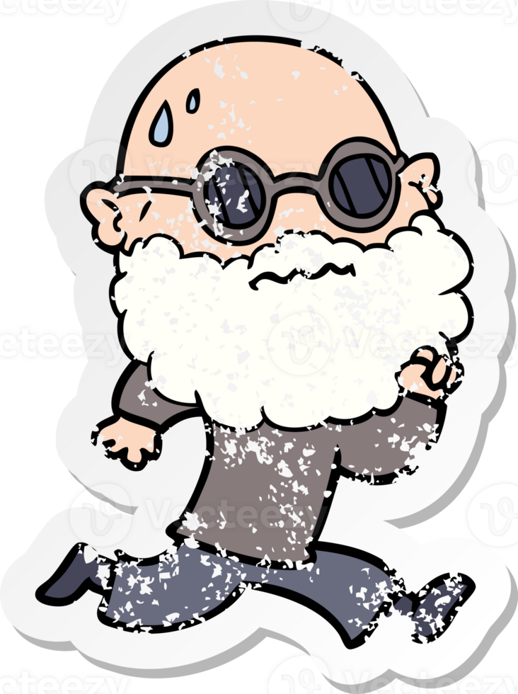distressed sticker of a cartoon running man with beard and sunglasses sweating png