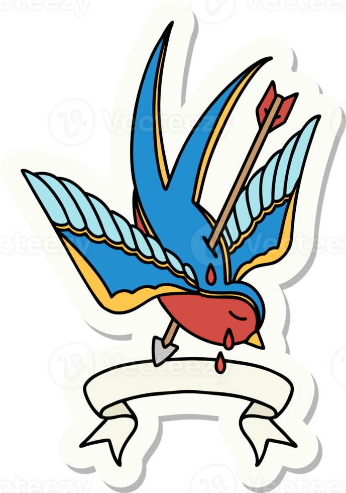 tattoo style sticker with banner of a swallow pierced by arrow png