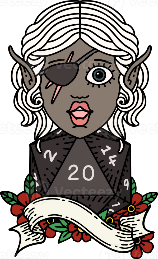 Retro Tattoo Style elf rogue with natural twenty dice roll png