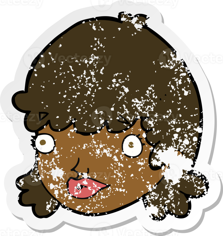 retro distressed sticker of a cartoon female face with surprised expression png