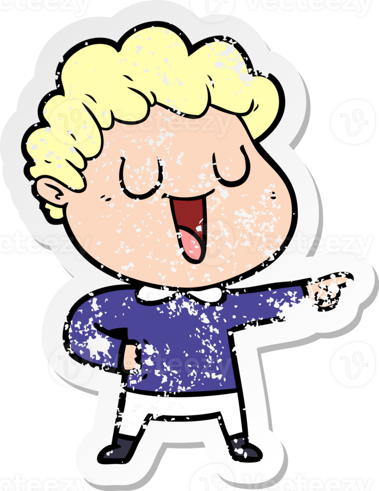 distressed sticker of a laughing cartoon man pointing png