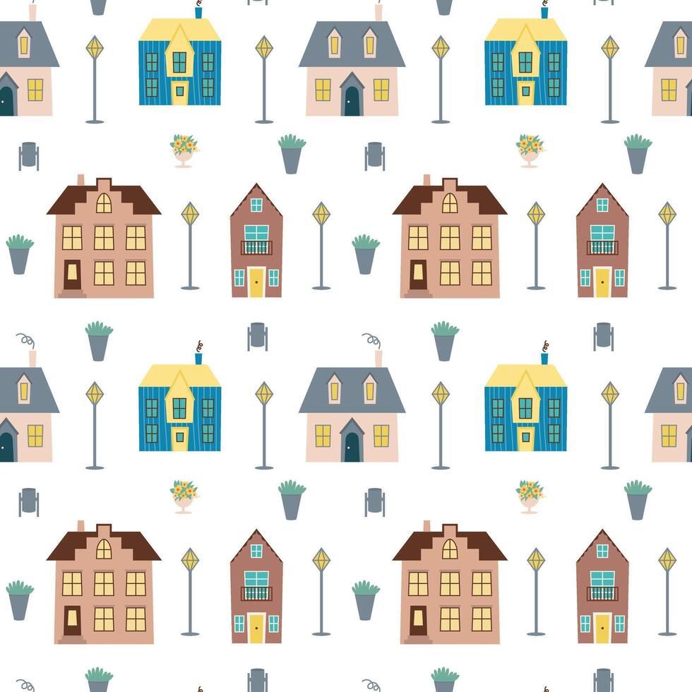Seamless pattern with houses on street and street lights on white background vector