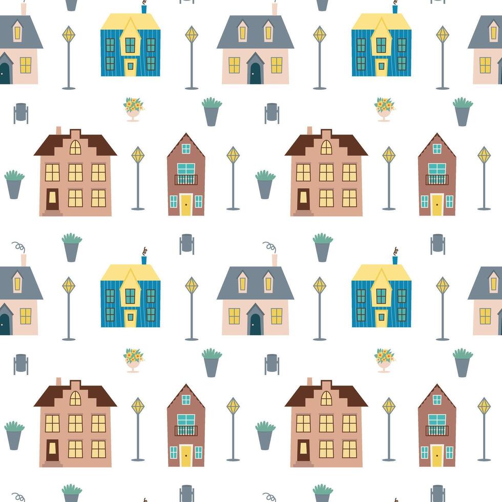 Seamless pattern with houses on street and street lights on white background vector