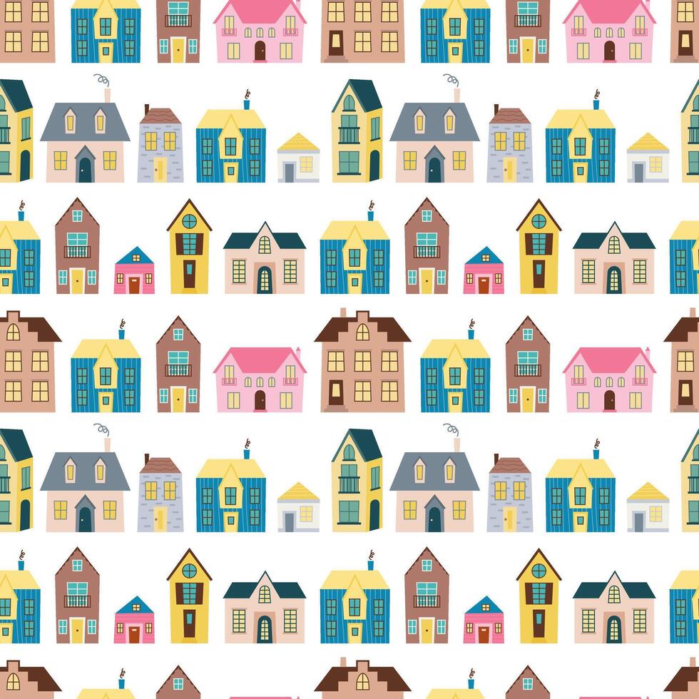 Colorful houses seamless pattern in flat style on white background vector