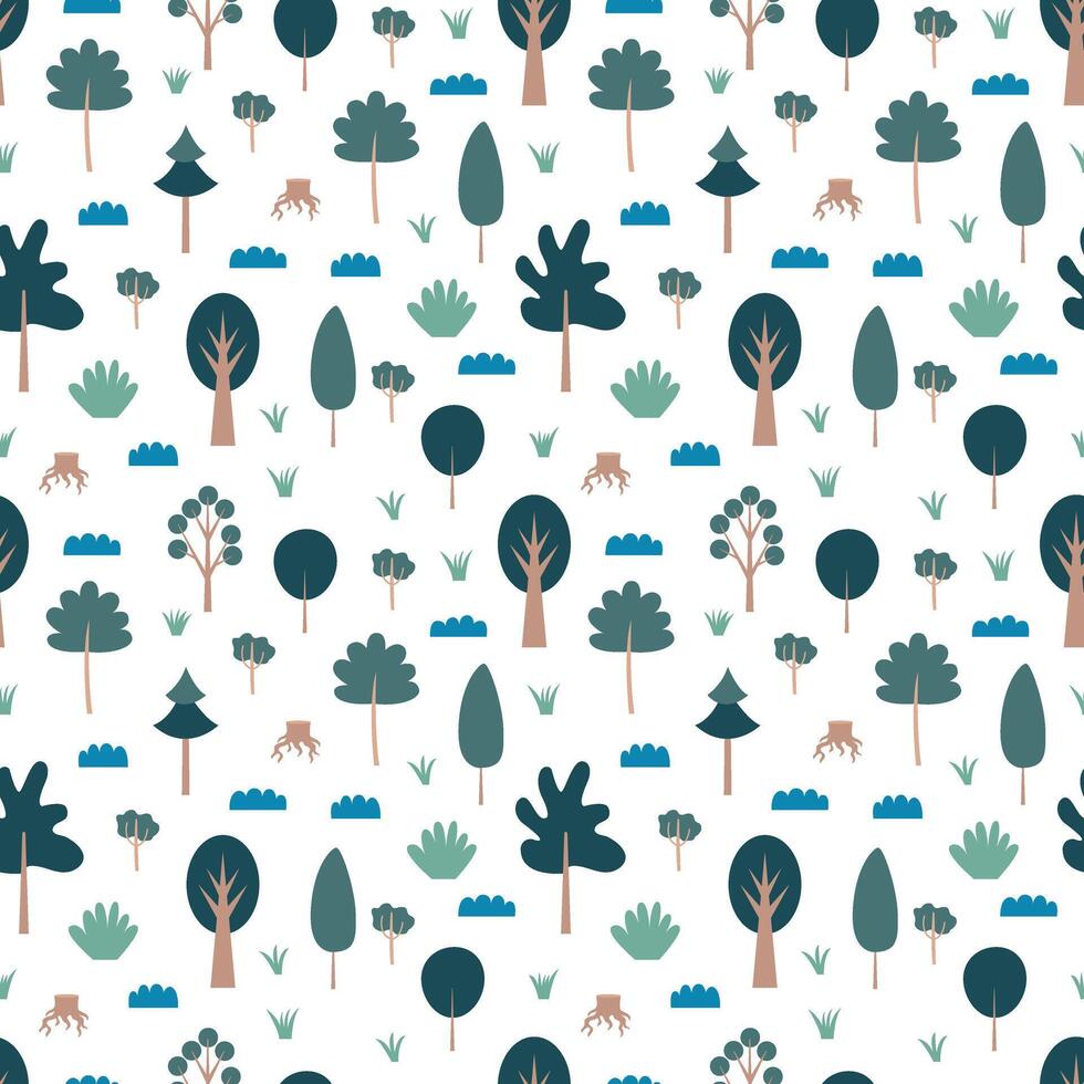 forest seamless pattern. Flat style trees and clouds seamless pattern vector