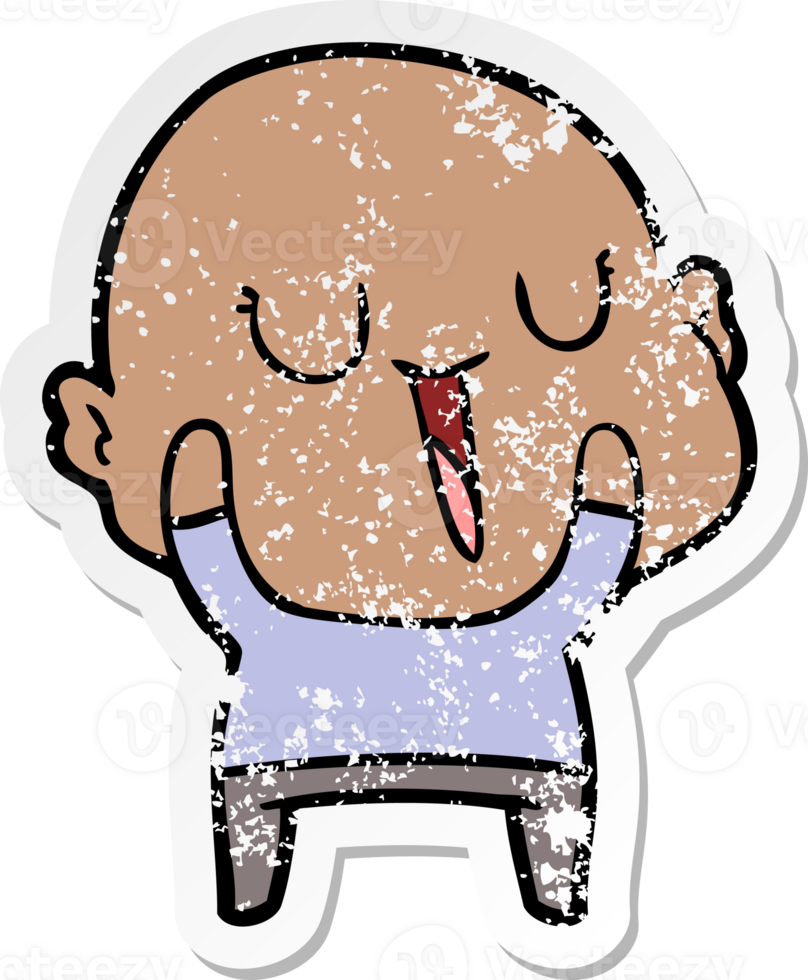 distressed sticker of a happy cartoon bald man png