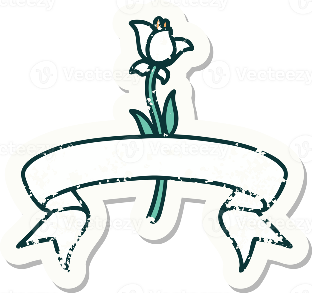 worn old sticker with banner of a lily png
