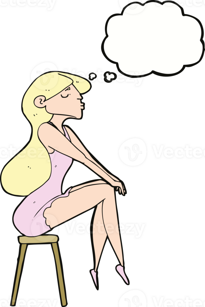 cartoon woman sitting on stool with thought bubble png