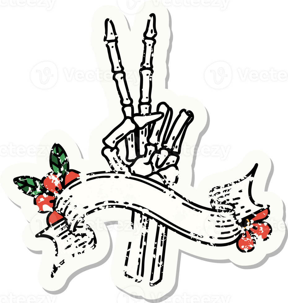 worn old sticker with banner of a skeleton giving a peace sign png