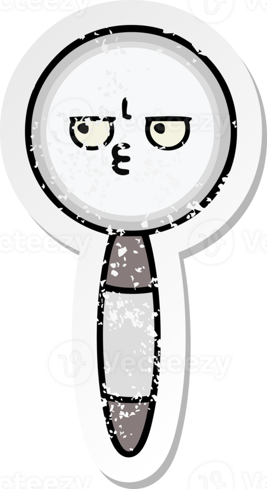 distressed sticker of a cute cartoon magnifying glass png