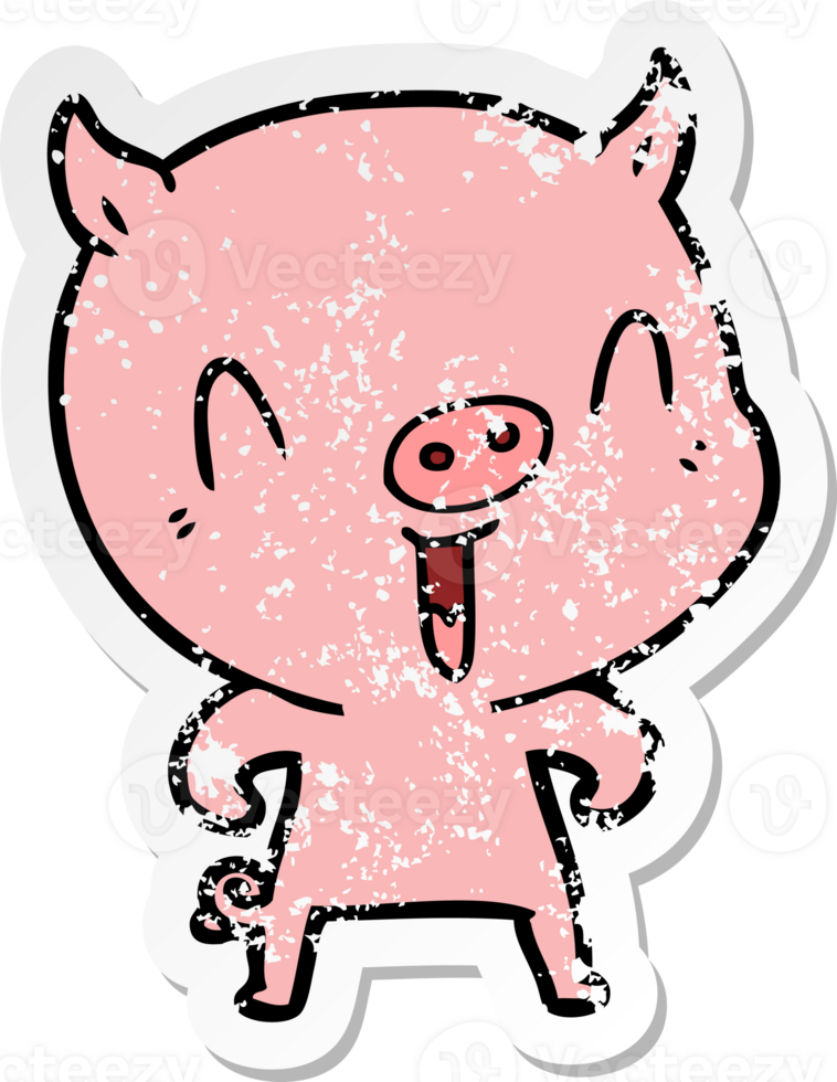 distressed sticker of a happy cartoon pig png