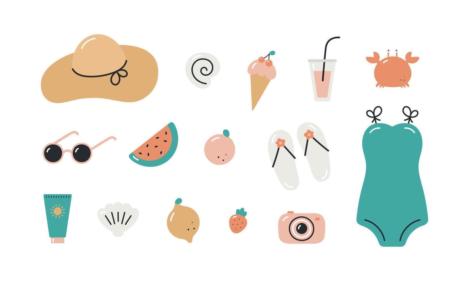 Big summer beach set. Isolated cartoon flat objects on white background. Hat, shell, ice cream, juice, glasses, watermelon, peach, lemon, strawberry, slates, swimsuit, sunscreen, camera. Summer vibes. vector