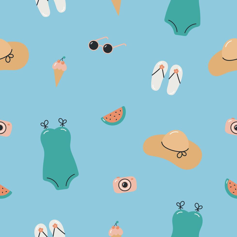 Seamless summer beach pattern. illustration in cartoon style. For card, posters, banners, printing on the pack, printing on clothes, fabric, wallpaper. vector