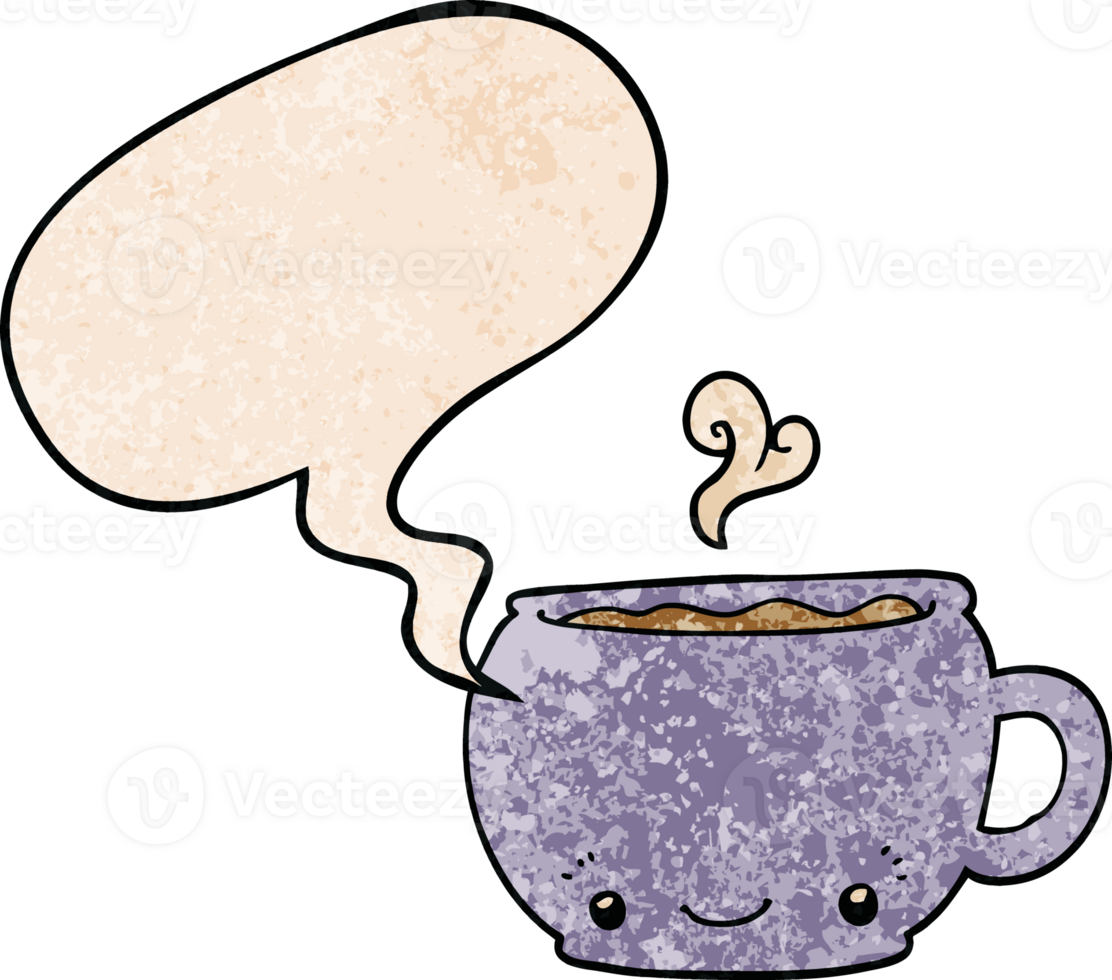 cartoon hot cup of coffee with speech bubble in retro texture style png