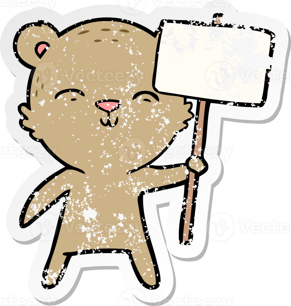 distressed sticker of a happy cartoon bear with sign png