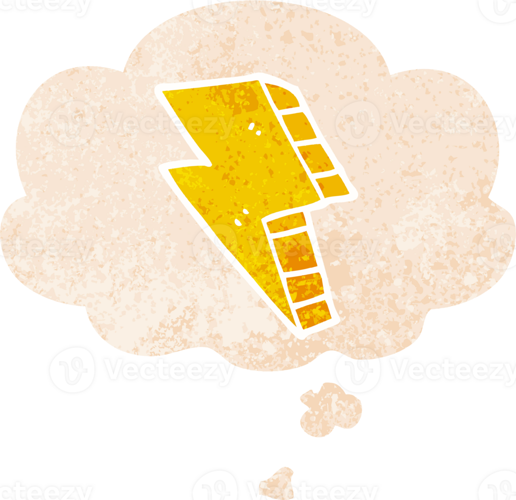 cartoon lightning bolt with thought bubble in grunge distressed retro textured style png