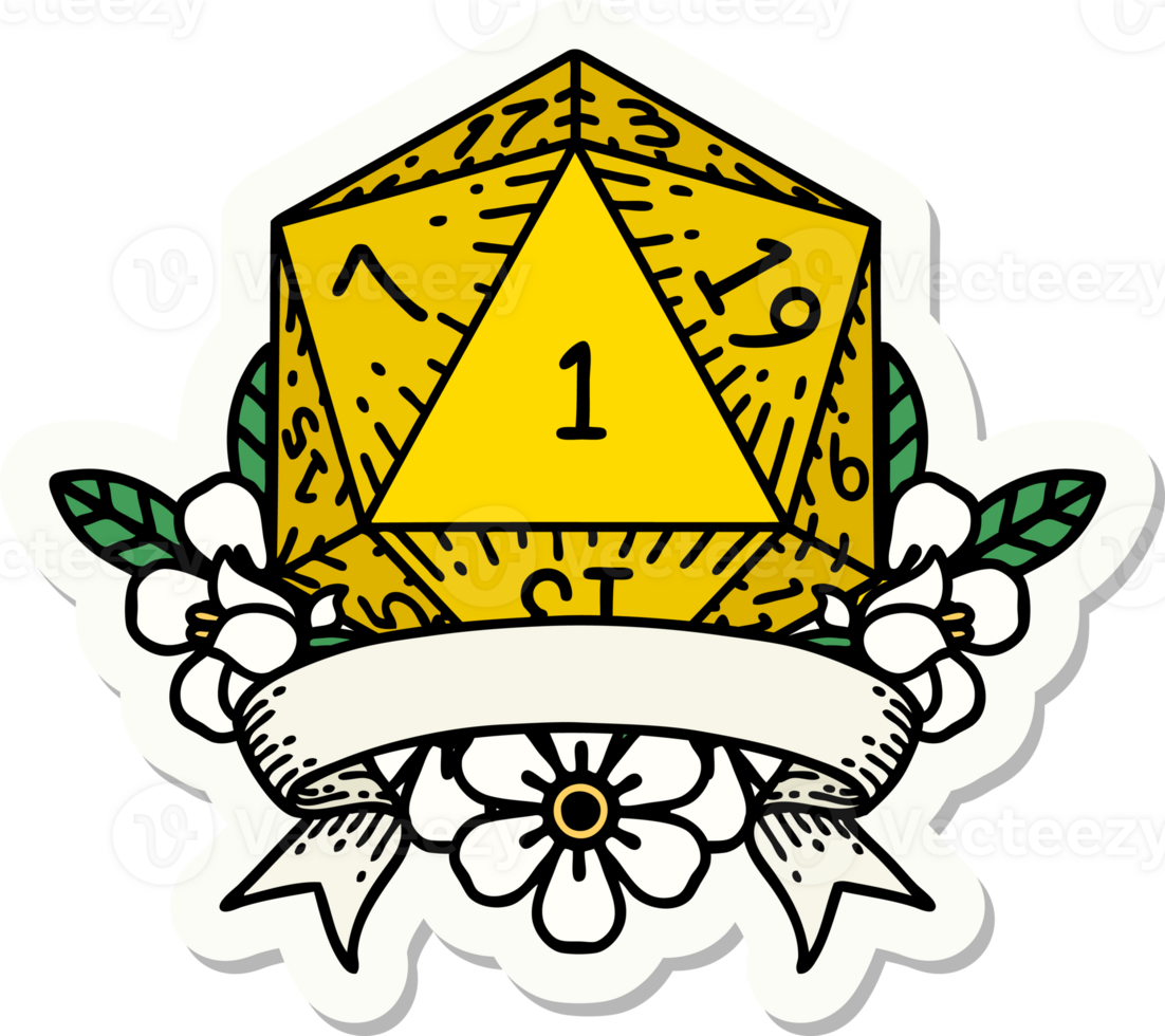 sticker of a natural one d20 dice roll png