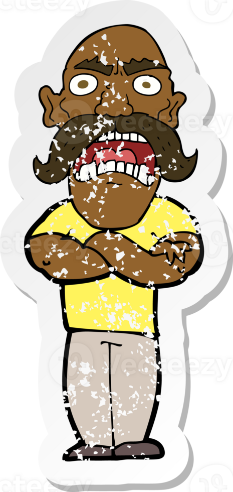 retro distressed sticker of a cartoon angry man png