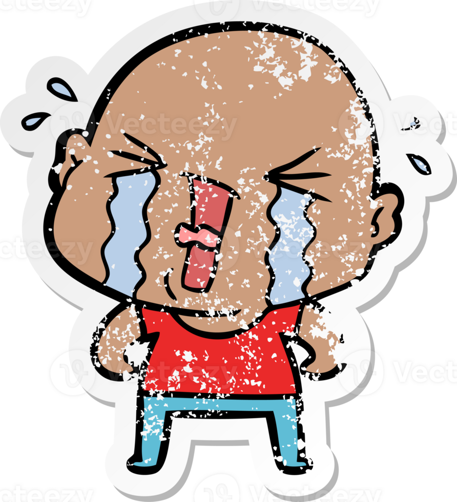 distressed sticker of a cartoon crying bald man png