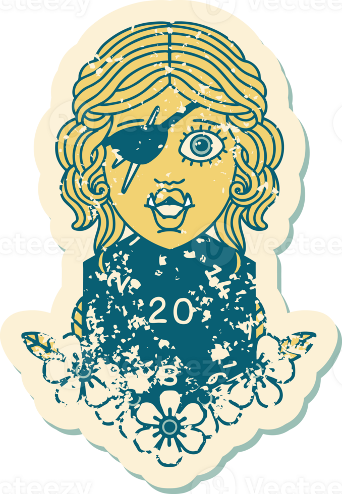 Retro Tattoo Style half orc rogue with natural twenty dice roll png