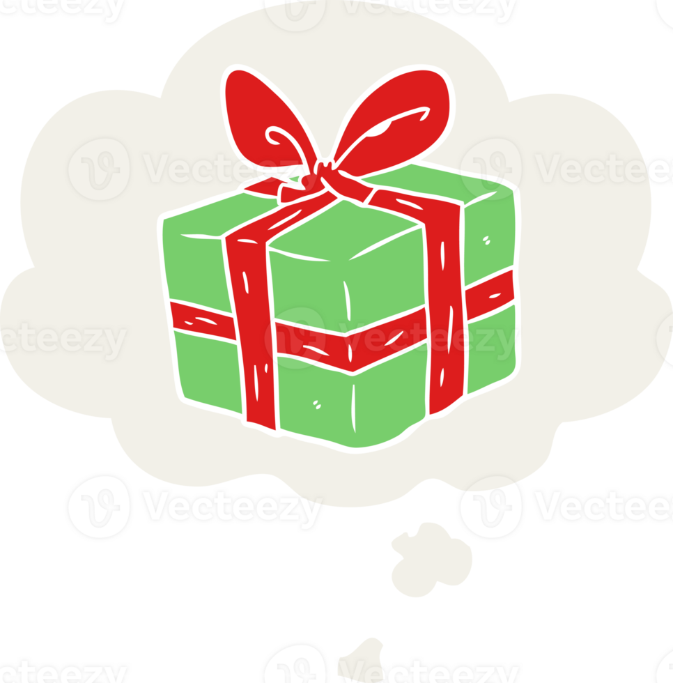 cartoon wrapped gift with thought bubble in retro style png