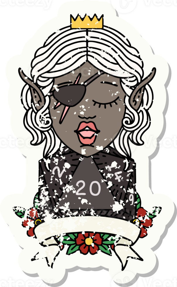 Retro Tattoo Style elf rogue character with natural twenty dice roll png