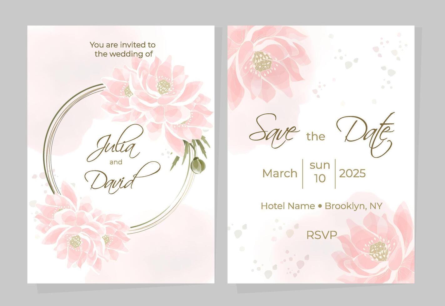 delicado acuarela universal tarjeta plantillas. Boda o fiesta diseños con oro línea frontera y loto flores tarjeta postal diseño con guirnalda de rosado flores vector