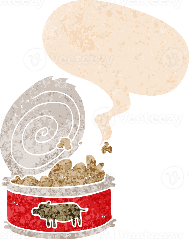 cartoon canned food with speech bubble in grunge distressed retro textured style png
