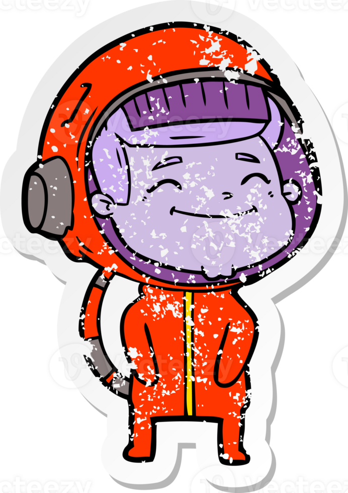 distressed sticker of a happy cartoon astronaut png