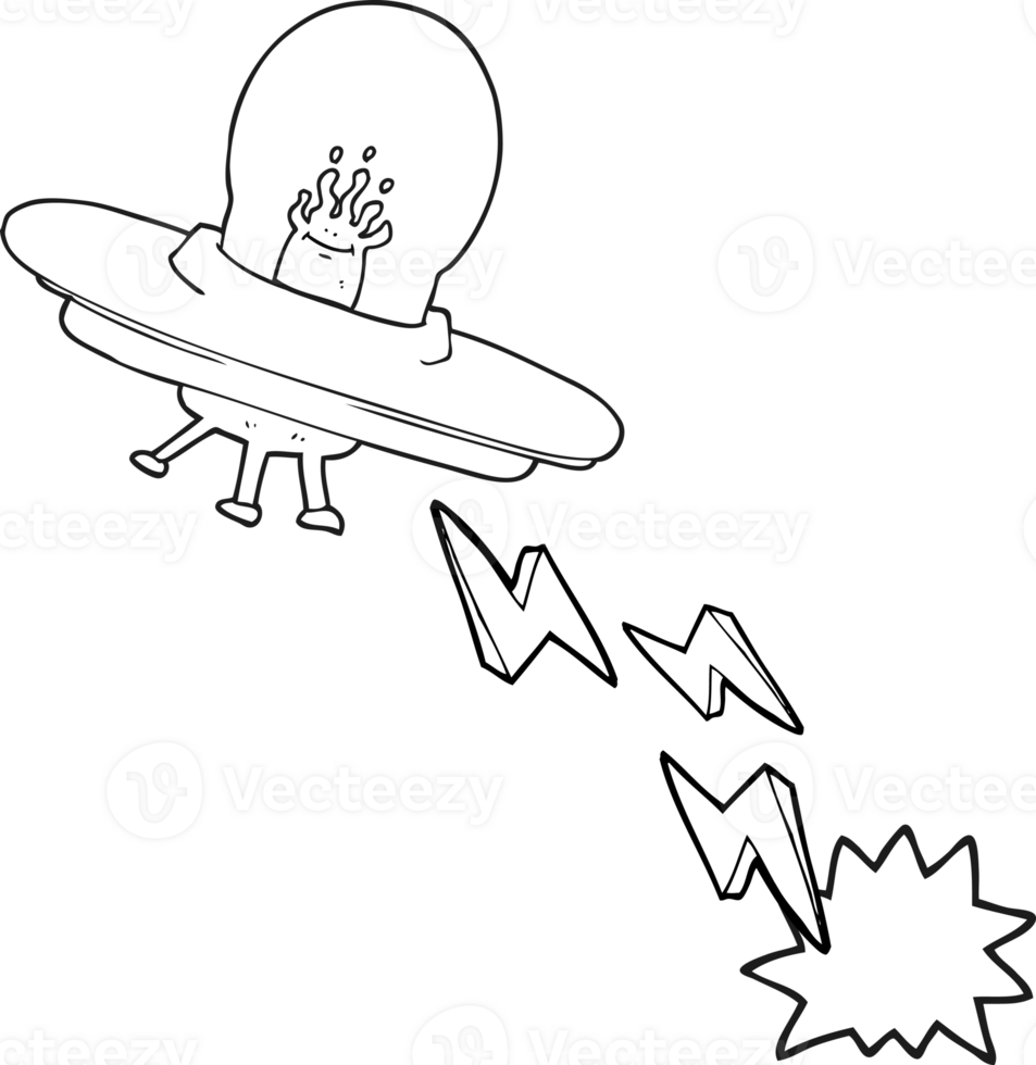 hand drawn black and white cartoon flying saucer png