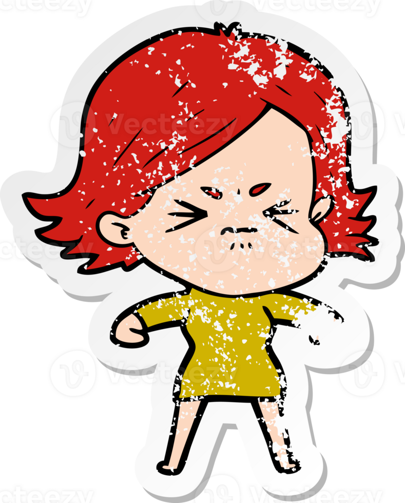 distressed sticker of a cartoon angry girl png