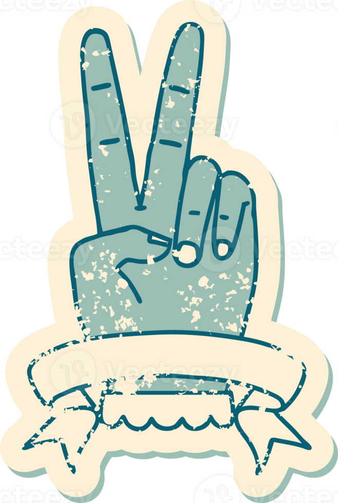 grunge sticker of a peace two finger hand gesture with banner png