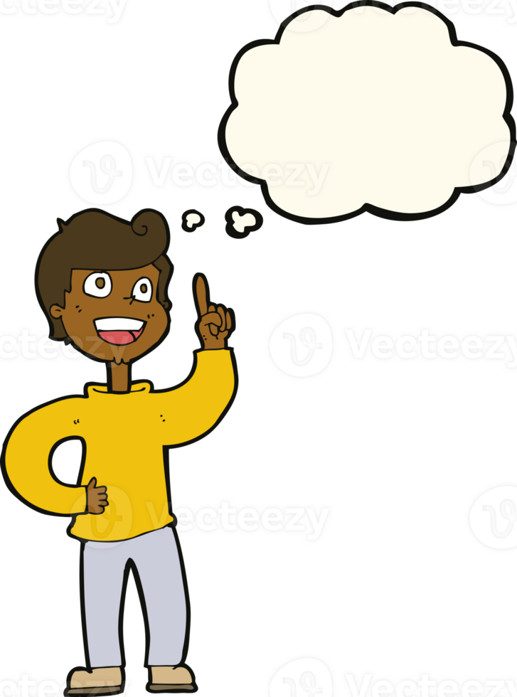 cartoon boy with great idea with thought bubble png