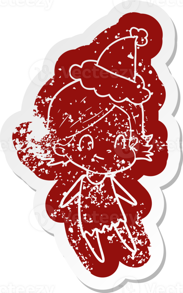 quirky cartoon distressed sticker of a friendly girl wearing santa hat png