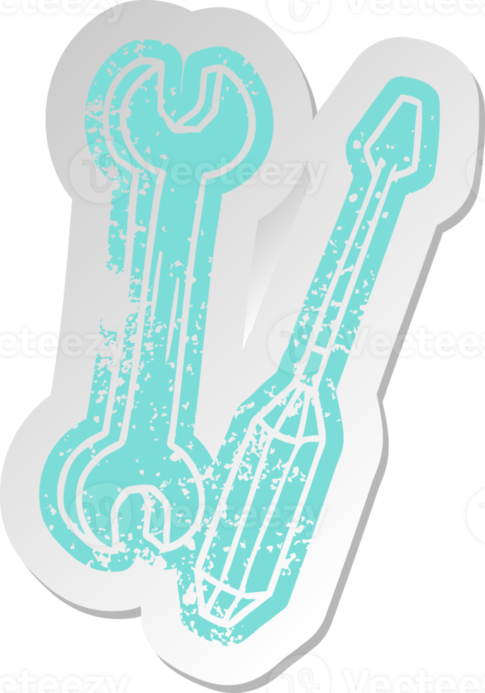 distressed old cartoon sticker of a spanner and a screwdriver png